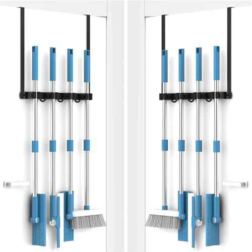 Broom Holder Over The Door, Mop and Broom Holder Wall Mount or Hanging Over The Door with Hooks, Broom Hanger, Broom Storage, Tool Organizer for Garage Closet Laundry 2PCS