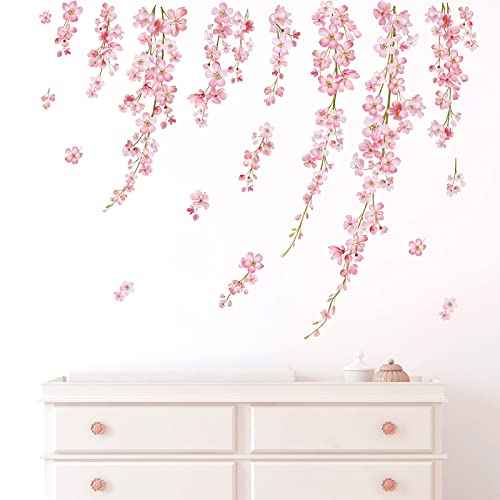 wondever Cherry Blossom Wall Stickers Pink Flower Hanging Floral Peel and Stick Wall Art Decals for Living Room Bedroom TV Background