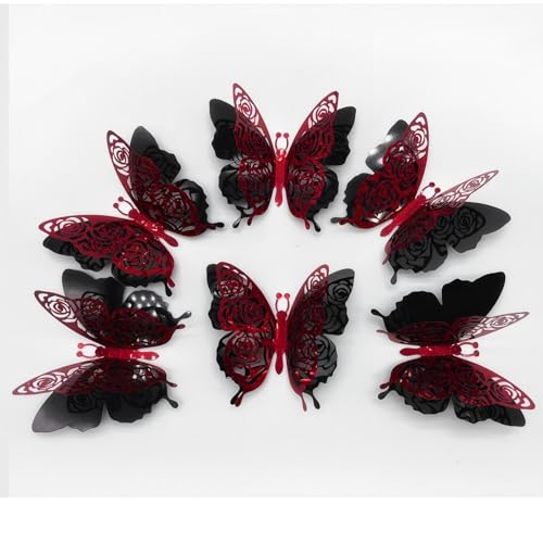 3D Butterfly Wall Decor Valentine's Rose Butterfly Sticker Decoration 3.85x4.6 inche Red Black Double Deck Removable Sticker for Birthday Holiday Party Decoration-6pcs