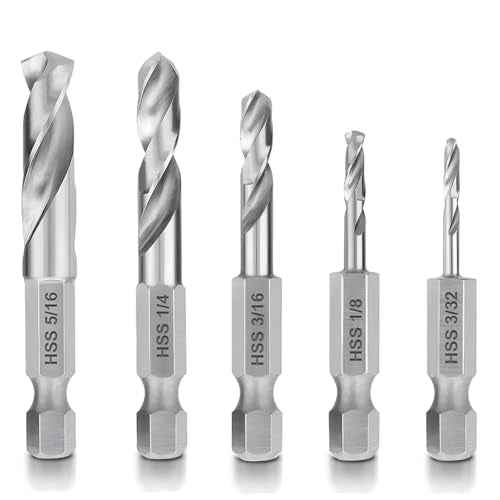 5Pcs 1/4'' Hex Shank Stubby Drill Bit Set for Metal, HSS M2 for Quick Change 3/32, 1/8, 3/16, 1/4, 5/16 Inch