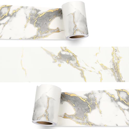 Decotalk White Marble Wallpaper Border 3x236 Inch Peel and Stick for Bathroom Mirror Frame