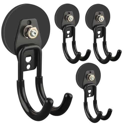 ULIBERMAGNET Garage Magnetic Hooks, 4 Pack Black Heavy Duty Large J Hooks with Magnet, Black Strong Anti-Slip Coating Magnet Hooks for Garden Tools, Ropes,Drill,Metal Cabinet,Pegboard