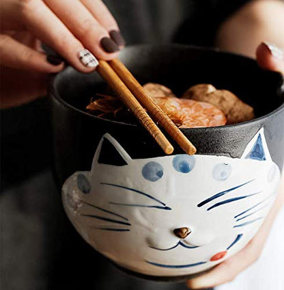 Happy Sales, Japanese Ramen Udon Noodle Soup Cereal Bowl With Chopsticks (BlackCat)