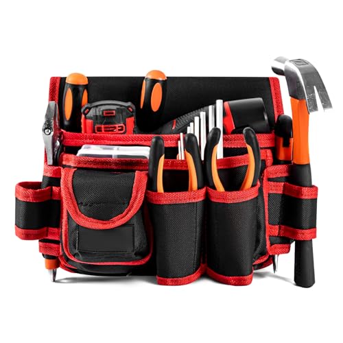 Ultra-Thick Men's Tool Belts Fits Waist 31¡±to 52¡± Adjustable Oxford Work Pouch with 15 Durable Pockets, Ideal for Repair & Electrical Work (Red, Extra Large)