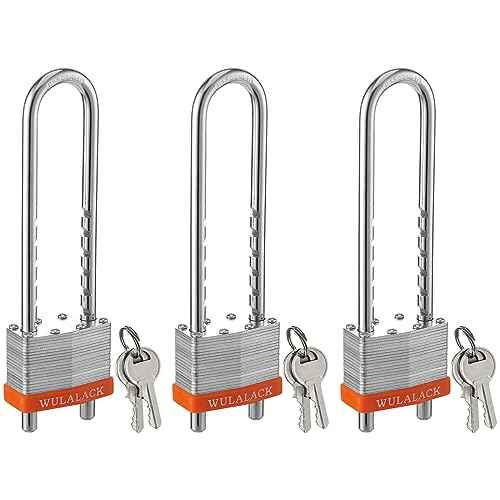 Locks with Keys, WULALACK 2 inch Wide Laminated Steel Keyed Padlock with Adjustable Shackle, Long Padlocks with Same Key,3 Pack