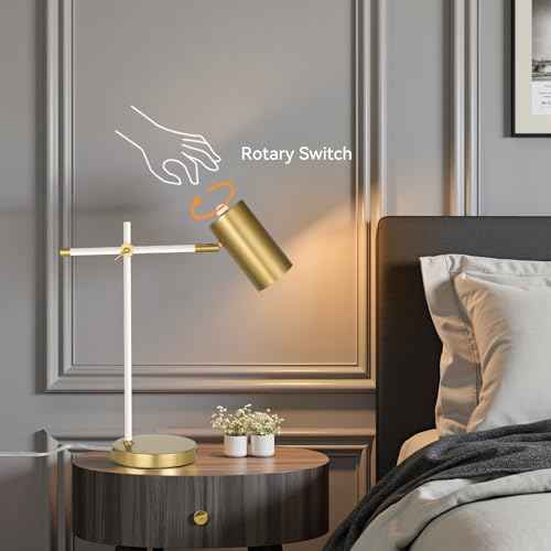 Modern White and Gold Desk Lamp, Minimalist Industrial Table Lamp with Swing Arm, for Study Room Home Office Bedroom Bedside Nightstand
