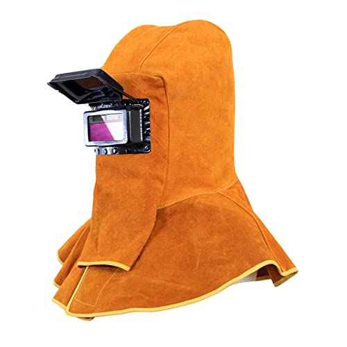 2025 Cowhide Leather Welding Hood with Solar Auto Darkening Filter Lens Mask,Full Protective Leather Welder Hood Welding Helmet with Neck Shoulder Protective,Welding Flame Heat Resistant Work Cap Hat