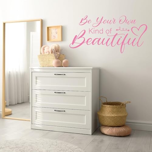 PLIGREAT Pink Inspirational Quote Wall Stickers Be Your Own Kind of Beautiful Quote Peel and Stick Wall Decal for Women Bedroom Living Room Beauty Salon Decor DIY Home Indoor Decoration