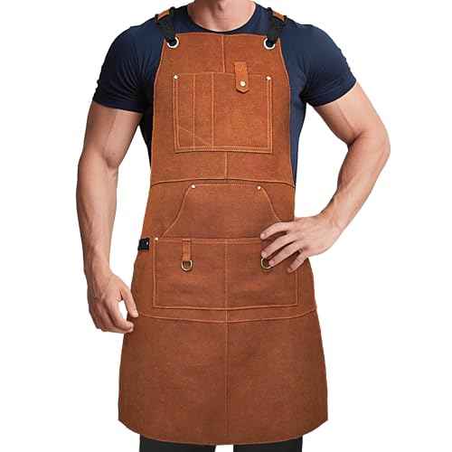 Work Apron for Men, Wood Working Carpenter Apron with 10 Pockets/Loops, Heavy Duty Leather Tool Apron for Welding Worker, Workshop Machinist, Woodworker, Blacksmith, Adjustable M-XXL