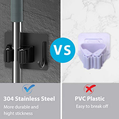 homeasy Mop Broom Holder, 4 Pcs Stainless Steel Self Adhesive Mop Holder Wall Mounted with Hooks Hanger Self-Adhesive Broom Holder for Bathroom, Kitchen, Office, Closet, Garden Garage(Black)