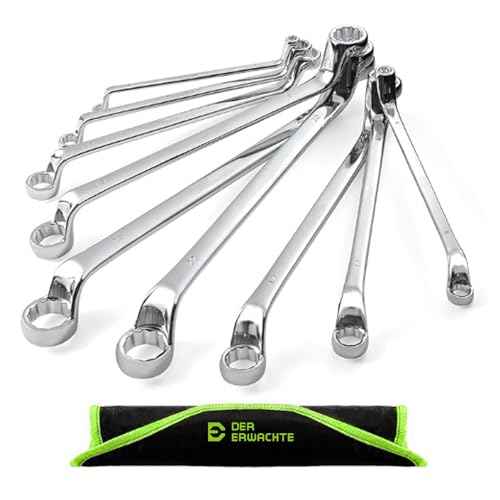 9-Piece Offset Box Wrench Set, 75-Degree Angle, 6-23mm, Chrome Vanadium Steel with Rolling Pouch