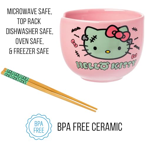 Silver Buffalo Sanrio Hello Kitty Halloween Spooky Frankenstein Ceramic Ramen Bowl with Chopsticks, Microwave Safe, 20 Ounces