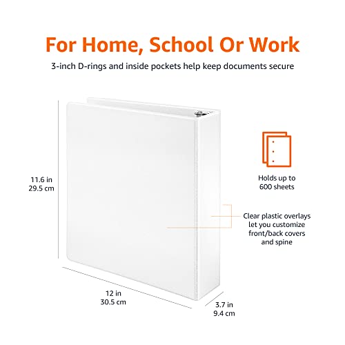 Amazon Basics 3 Ring Binders, 3 Inch, 2 Pack, D-Ring Organizer for School, Home Office, White