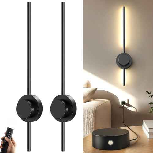 Rechargeable Wall Sconces, 27.5 Inch Set of 2 | Wireless with Remote | 360¡Æ Adjustable Heads & 3 Color Temperatures | with Timer | Easy No-Wire Installation for Bedroom, Hallway, Staircase