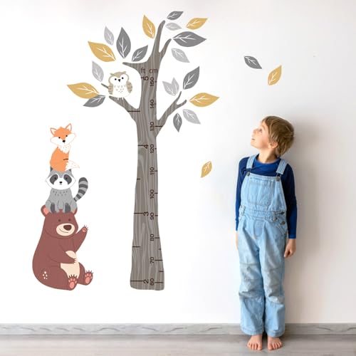 Yovkky Kids Height Chart Wall Decals Stickers, Woodland Animals Tree Toddler Baby Growth Measurement Nursery Decor, Forest Bear Raccoon Fox Owl Leaves Home Decorations Bedroom Playroom Art