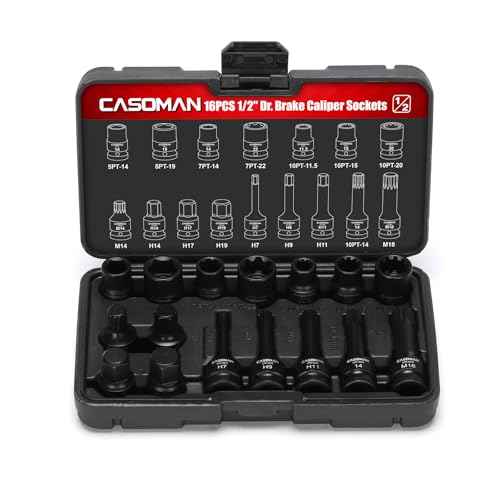 CASOMAN 16-Piece 1/2" Drive Impact Brake Caliper Socket Set, 5PT 7PT 10PT M14 M18 & Hex Sockets Compatible with Ford Benz BMW VW Audi Porsche