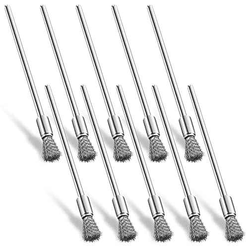 Lounsweer 10 Pcs Wire Brush Extended Cleaning End Brushes Pen Wire Scrub 3 mm Mandrel Rust Paint Removal Bits Polishing Rotary Tool Accessories, 6 mm End Scrub(Stainless Steel)
