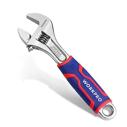WORKPRO 8-inch Adjustable Wrench, Wide Jaw Opening Wrench with Rubber Anti-slip grip, Metric/SAE Scales, Premium Cr-V Steel, Chrome Plated