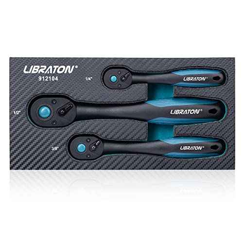 LIBRATON Ratchet Handle, 3 PCS 1/4", 3/8", 1/2" Heavy Duty Drive Ratchet Socket Wrench with Quick-Release Head, 72 Teeth, Reversible Design, Comfort Grip for Car Repair, EVA Organizer