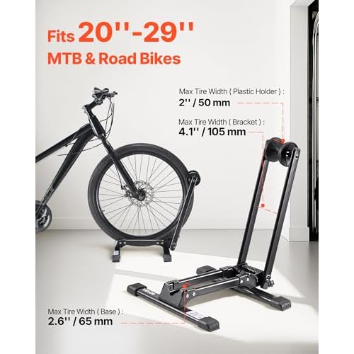 VEVOR Bike Rack, Fits 20 to 29 Inch Mountain & Road Bikes, Alloy Steel Rust-Resistant Bike Floor Stand Rack, Foldable Bicycle Stand for Entryway, Garage, Home Bikes Parking & Storage, 1 Pack, Black