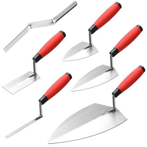 Lasnten 6 PCS Masonry Hand Tool Set 11" x 5-1/2" Philadelphia Brick Trowel 2 Pointing Trowel 5 x 2'' Margin 1/2" Tuck 5/8'' x 1/2'' Convex Brick Jointer Soft Grip Handle Concrete Towel Tool Finishing