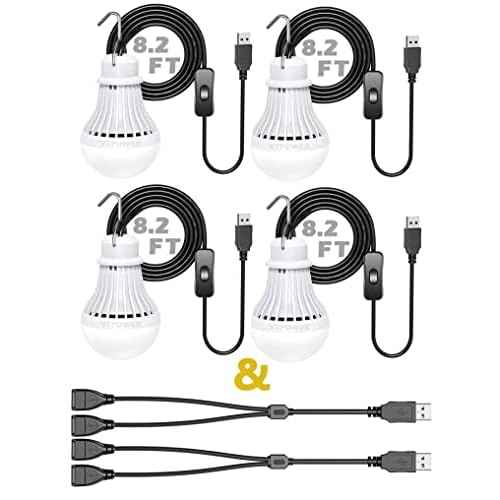 4 Pack Portable LED Bulb, 5W USB LED Camping Light for Garage Warehouse Car Truck Fishing Boat Outdoor Emergency Light Children Bed Room, 2.5m/8.2ft Extension Cord¡¦