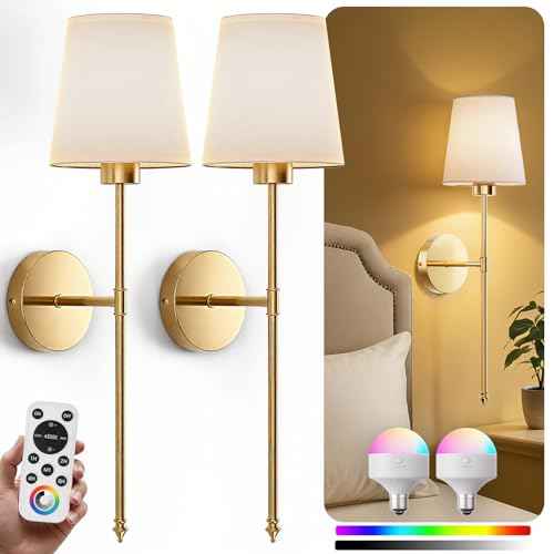 Wall Sconces Battery Operated Set of 2, Wireless Wall Sconces Set of Two, 10 Colors Battery Wall Sconce, 5200mAh Dimmable Bulbs and Remote, for Bedroom Living Room, Hallway Decor (24 inch - Gold)