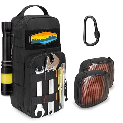Heavy Duty Small Tool Bag Storage with 2 Zipper Pouches, Multi-functional Tactical Molle Tool Organizer Case with Locking Carabiner for Camping, Road Trip, Electricians, EDC, Multimeter Case