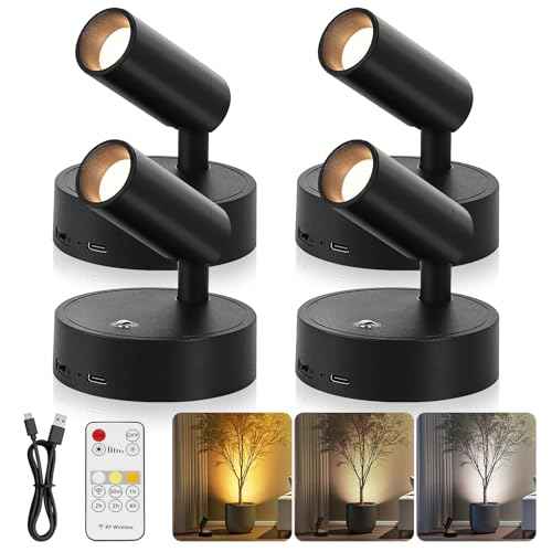 Spotlight Indoor, Wireless Uplighting Indoor with Remote Dimmable, 350¡Æ Rotate, Battery Powered Ceiling Spotlight for Artwork Painting Tree Plant Picture Lights, 4 Pack