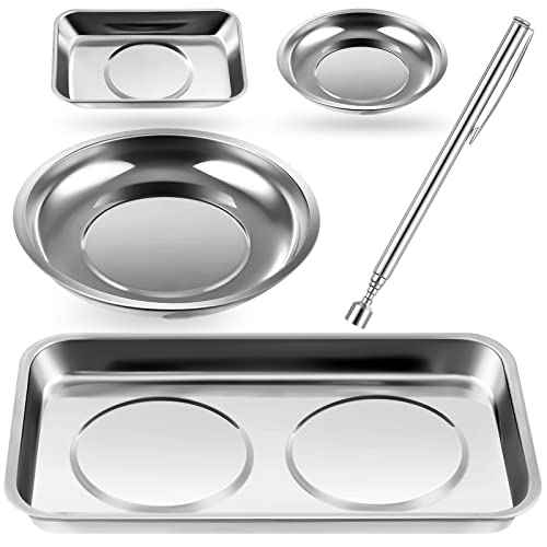 Geiserailie 4 pcs Magnetic Tray with Magnetic Pin Screw Bolt Holder Round Magnet Parts Bowl Stainless Steel Pickup Tool Tray for Mechanic's