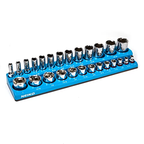 NEIKO 03972A Magnetic Socket Holder, 3/8¡± Drive, 1/4¡± to 1¡± SAE, Shallow & Deep Sockets Tray, Standard Socket Set Organizer, Socket Organizers for Toolboxes Trays, Scratch Free, High Visibility