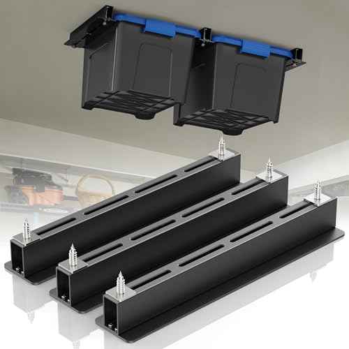 Overhead Garage Storage Rack, Garage Ceiling Storage Racks, Heavy Duty Storage Bin Ceiling Rails for 27 Gallon Totes£¬Tote Storage Rack System -Black (3 Sets for 2 Bins)