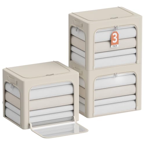 3Pack Clothes Storage Bins - Oxford Frame Storage Box Foldable Stackable Storage Organizer with 3 Openings Design, Metal Frame, Clear Window, Carry Handles (36L-15.7 * 11.8 * 11.8in, Beige)