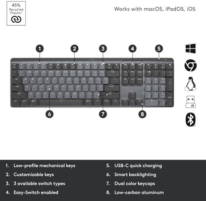 Logitech MX Mechanical Wireless Illuminated Performance Keyboard, Tactile Quiet Switches, Backlit Keys, Bluetooth, USB-C, macOS, Windows, Linux, iOS, Android, Metal, ‎Graphite
