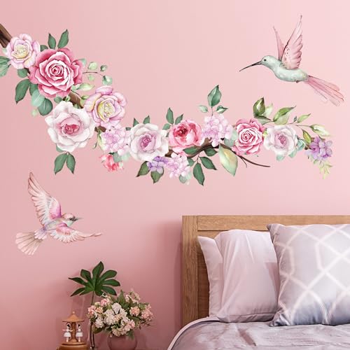2 Sheets Watercolor Peony Flowers Wall Decals Floral Wall Stickers Pink Hummingbirds Wall Decals DIY Removable Flying Birds Floral Art Stickers for Living Room Sofa TV Background
