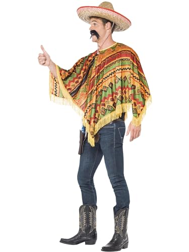 Smiffys Poncho & Moustache, Orange , Cowboys and Indians Fancy Dress, Western Dress Up Costumes
