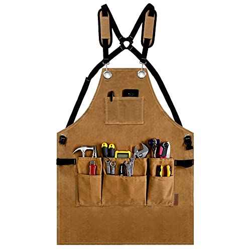 Woodworking Tool Apron, 22 OZ Waxed Canvas Durable Heavy Duty Work Shop Apron, Adjustable to Size S to XXL