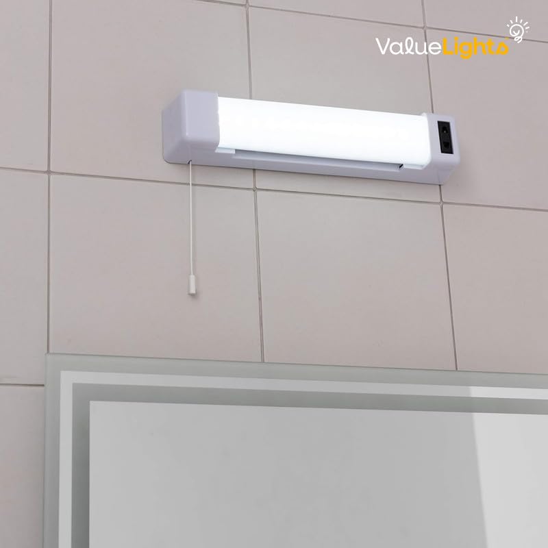 MiniSun | Modern Gloss White 5W LED Wall Light with Shaver Socket and Pull Switch | Bath Wall Lights, Home Décor & Improvement Essential | Includes Integrated 5W LED Bulb