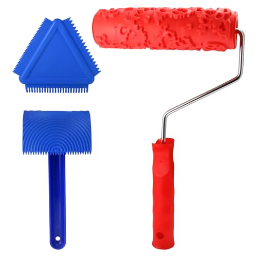 Wood Graining Tool Set, 3 Pcs 7" Fake Wood Grain Roller Painting Tool with Handle DIY Rubber Graining Tool Paint Look Like Wood On All Surfaces, Texture Roller