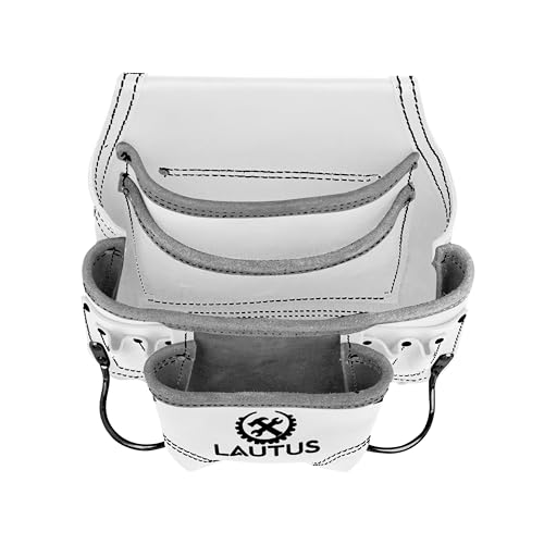 LAUTUS Oil Tanned Leather Tool Pouch Bag | White| Carpenter, Construction, Framers, Handyman | 10 Pockets, 2 Hammer Holders | 100% Leather