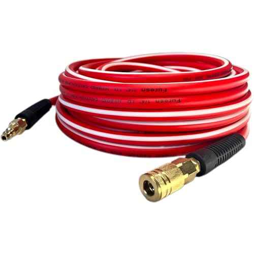 Air Hose 1/4 in x 25 ft, Heavy Duty, Lightweight, Kink Resistant, Hybrid Air Compressor Hose with 1/4 in Solid Brass Male Fittings, Bend Restrictors, 300 PSI(25FT, Red White)