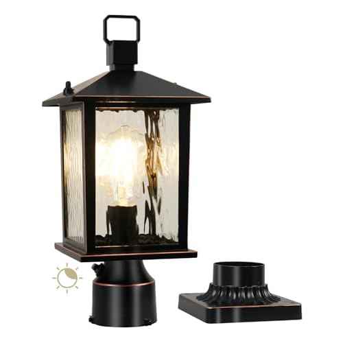 Dusk to Dawn Outdoor Post Light, Hardwired Oil-Rubbed Bronze Pole Lantern with Pier Mount Base, Water Ripple Glass, Waterproof Lamp Post Light Fixture for Driveway, Pathway, Garden, 1 Pack