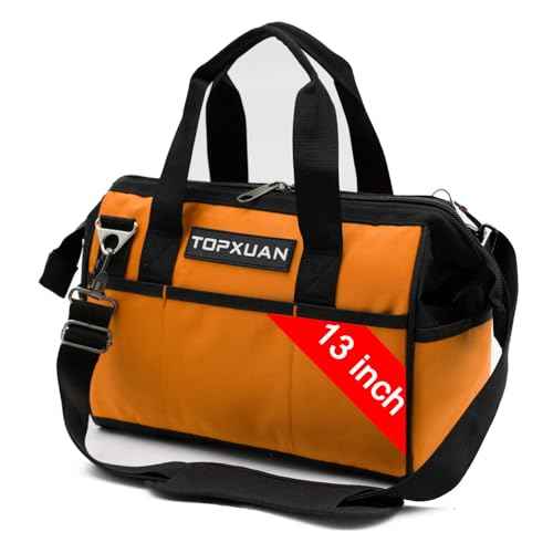 Tool Bag 13 Inch Waterproof Orange Tool Organizer with Wide Mouth and Shoulder Strap for Power and Small Hand Tools Oxford Cloth Fabric(18 Pockets)
