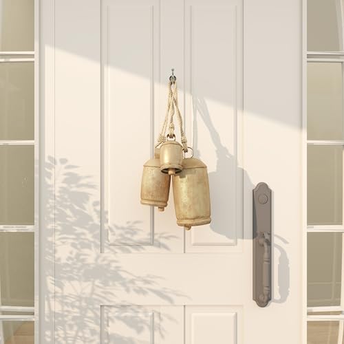 Deco 79 Gold Metal Tibetan Inspired Decorative Giant XL Cow Bells with Jute Hanging Rope, Set of 3 10",8",6"H - Cylindrical