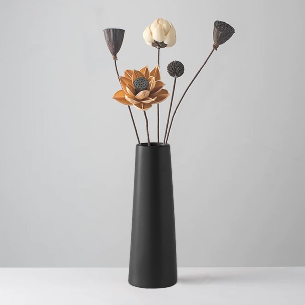 Black Ceramic Vase, 8.5 Inch Flowers Vase for Pampas Grass, Rustic Table Vase for Centerpieces, Simple Modern Vase for Home Office Decor - Matte Black