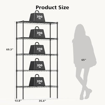 DUMOS 5 Tier Metal Wire Rack Shelf Heavy Duty Standing Shelves Adjustable Steel Closet Shelving Unit Organizers and Storage for Kitchen Bathroom Pantry Office, 13.78" D x 35.43" W x 69.29" H