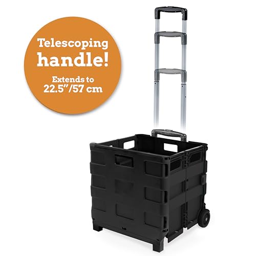 Inspired Living Ultra-Slim Rolling Collapsible Storage Pack-N-Roll Utility-carts, with Telescopic Handle, for Home, Garden, Shopping, Office, School use, Medium, Black