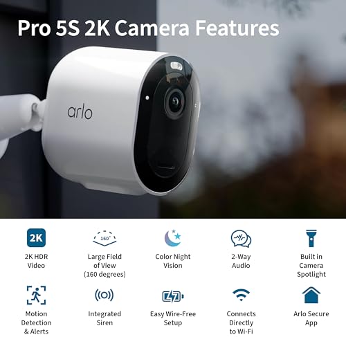 Arlo Pro 5S Spotlight Security Camera 2K HDR | Outdoor | Wireless | Dual-Band Wi-Fi Connects to Strongest Network |12X Zoom, 2-Way Audio, Siren, Color Night Vision,Live Stream(White, 4 Cameras)