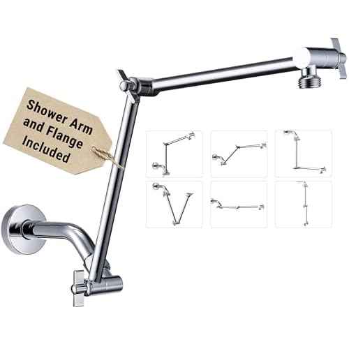 G-Promise 18 Inch Shower Head Extension Arm with Shower Arm and Flange, Solid Brass Flexible Height & Angle Extender with Lock Joint, Compatible with Rainfall and Handheld Showerhead (Chrome)