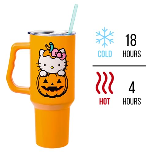Silver Buffalo Sanrio Hello Kitty Halloween Jack-O-Lantern Stainless Steel Tumbler with Handle and Straw, Fits in Standard Cup Holder, 40 Ounces